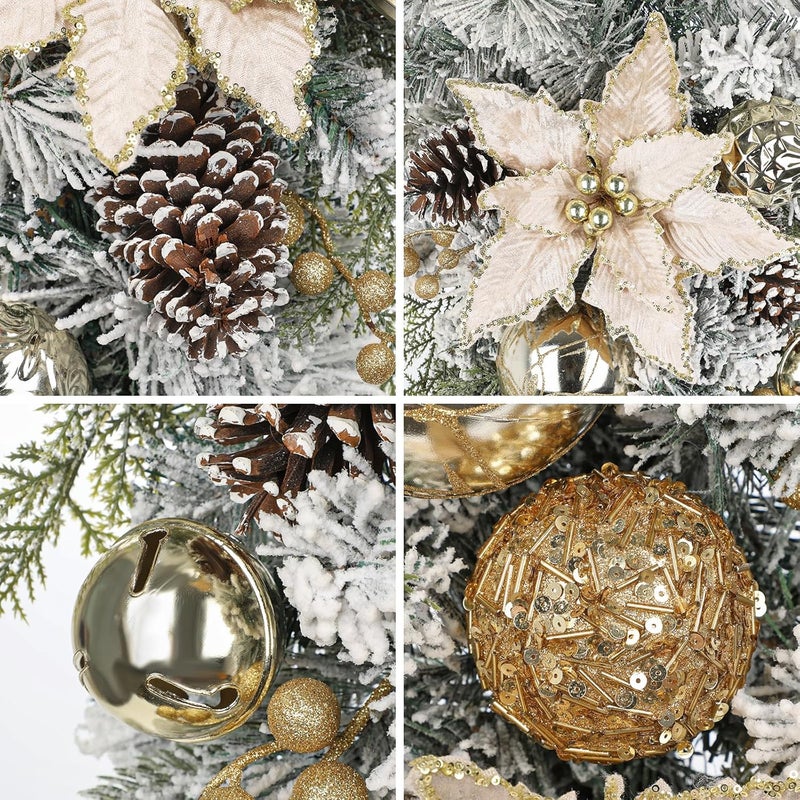 Arborus 27.5" Artificial Christmas Teardrop Swag with Champagne Poinsettia, Pine Cones, Berries & Ornaments, White Cedar Branch Base for Christmas Thanksgiving Winter Holiday Front Door and Wall Decoration - Image 2